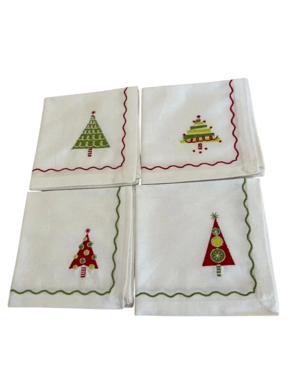 Crate & Barrel Christmas Tree Pattern Cotton Cocktail Napkins Set of 4 New